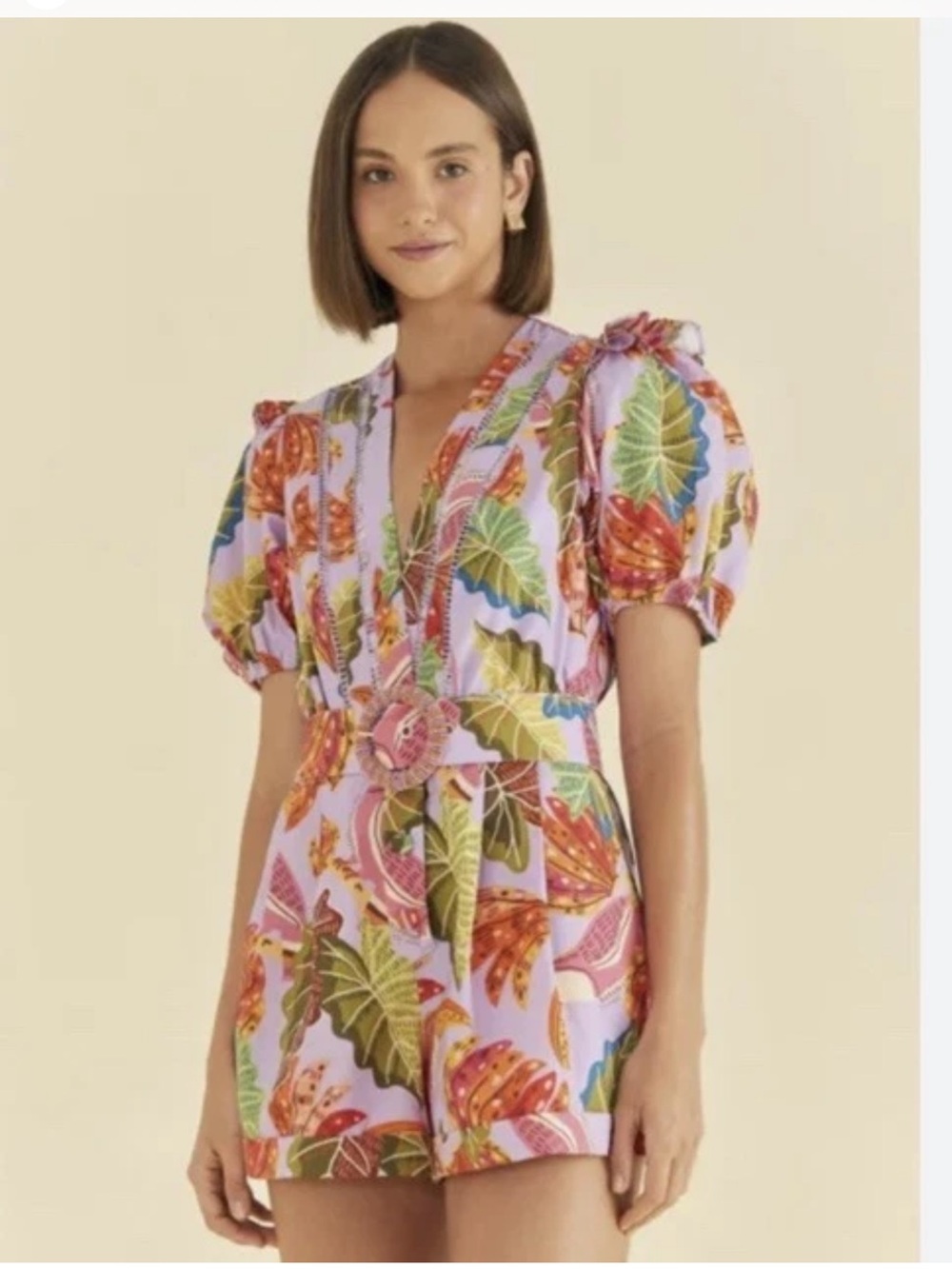 FARM Rio Lilac Beaks & Bananas Tropical Leaf V-Neck Romper with Puff Sleeves